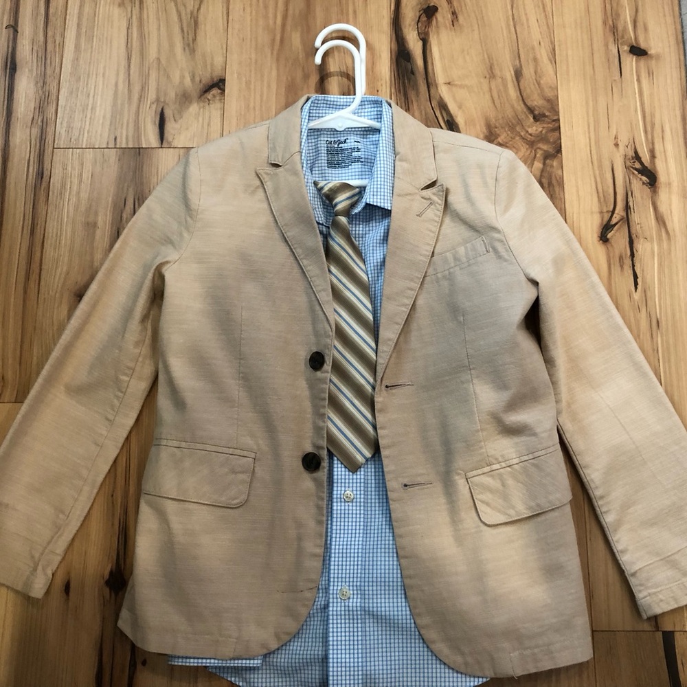Tan Blazer with Blue Check Shirt and Striped Tie